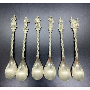 6 Vintage ZILVERSTAD WITMETAL Silver Plate Spoons Fisherman Farmer Cowboy Violin